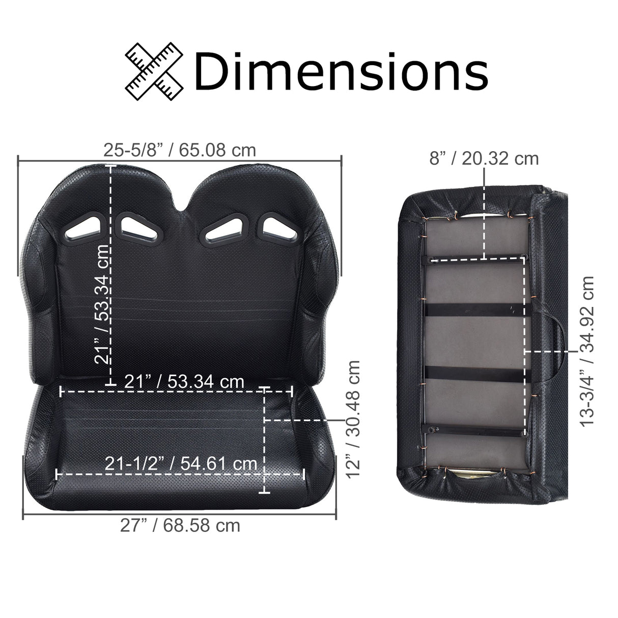 27 Double Seat for Go-Karts featuring a black seat with measurements displayed, showcasing its padded upholstery and back vents for seatbelt placement.