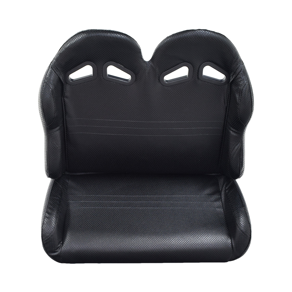 27 Double Seat for TaoTao Go-Karts, features a black padded surface with ventilation holes, designed for 2 riders. The seat includes back vents for securing seatbelts.