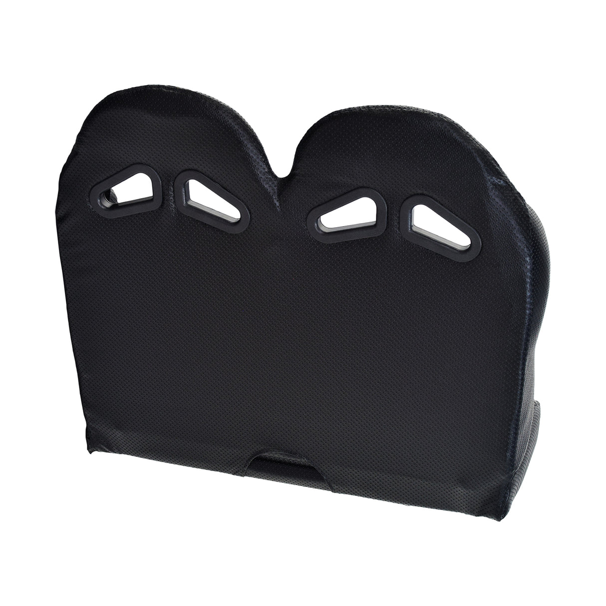 27 Double Seat for Go-Karts showing black cushion with ventilation holes for seatbelt placement, designed to fit various go-kart models, highlighting durable padded upholstery for safety and comfort.