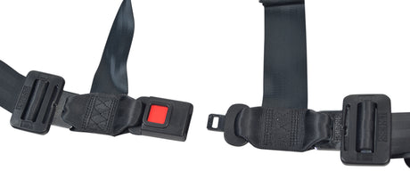 Seat Belt for the Coleman KT196 6.5 Hp Go-Kart, featuring a secure black strap with an easy-to-use red square release button and sturdy black buckle.