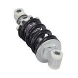 Front Shock for the Coleman KT196 196cc 6.5 Hp Go-Kart; black and silver shock absorber, close-up of coil and wheel, designed for improved comfort and performance.