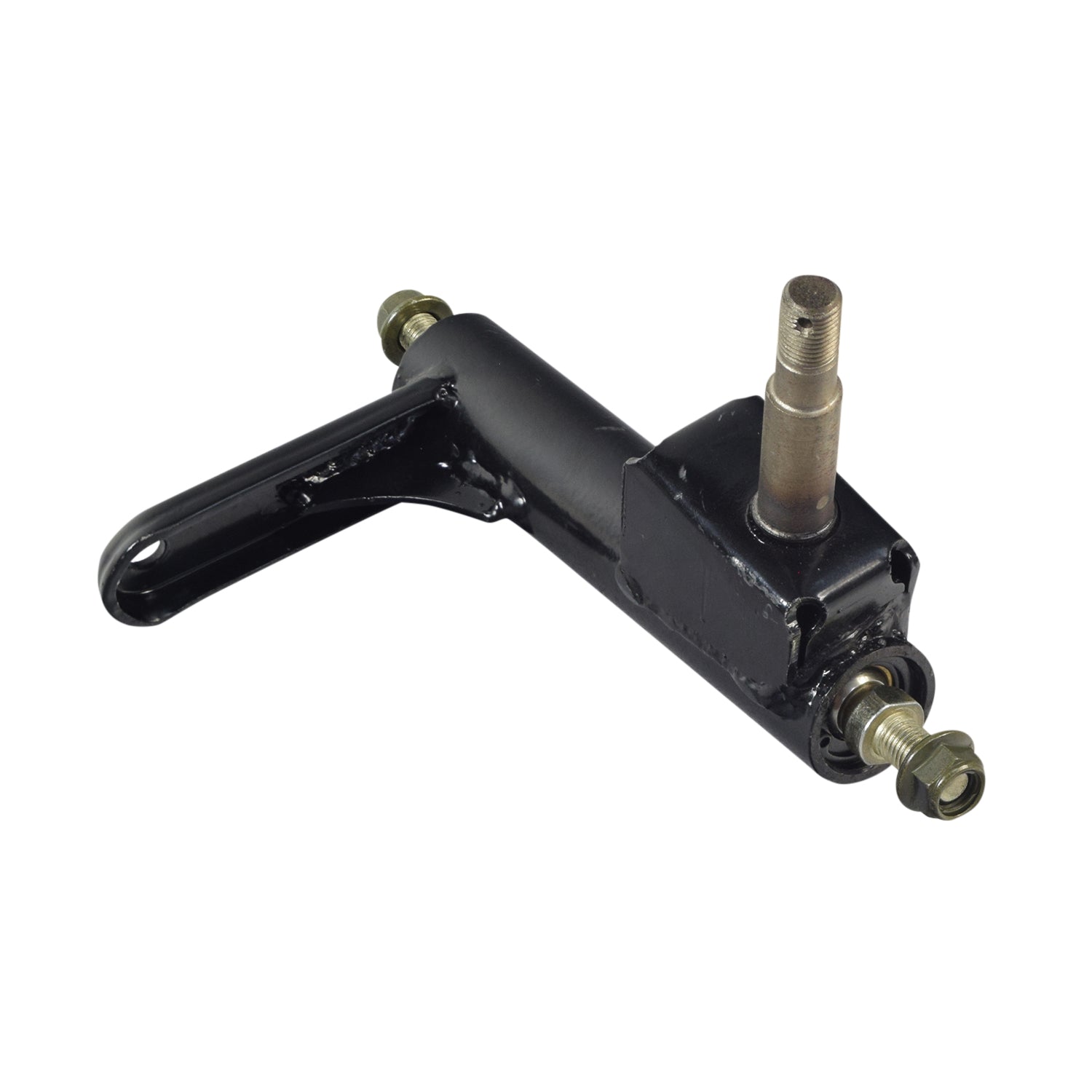 Spindle Steering Knuckle for the Coleman KT196 196cc 6.5 Hp Go-Kart, featuring a black metal construction with visible bolts and screws, integral for the front suspension system.