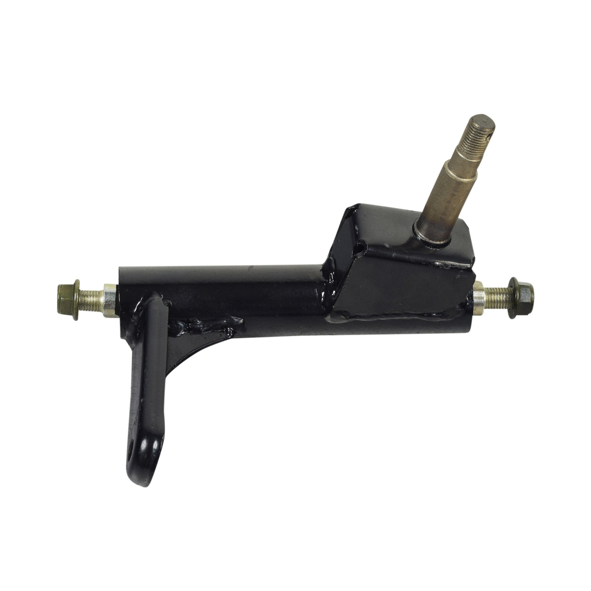 Spindle Steering Knuckle for the Coleman KT196 196cc 6.5 Hp Go-Kart, featuring a black metal construction with a bolt and screw visible, designed for front suspension, showing minor cosmetic blemishes.