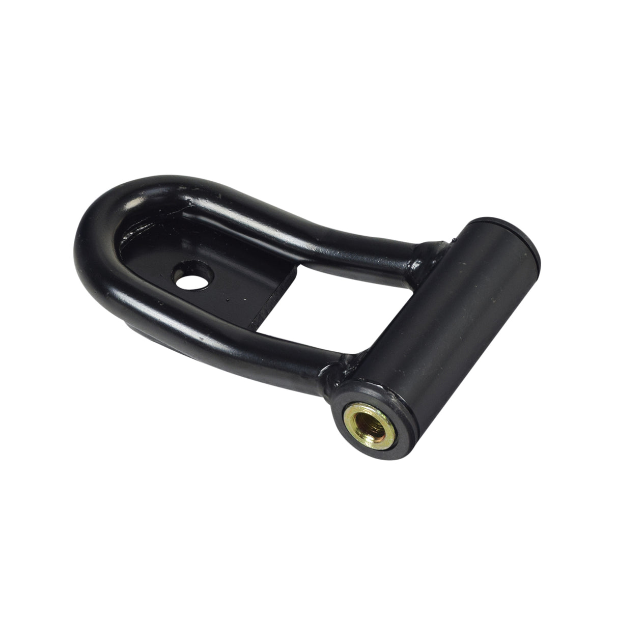 Front Upper Swing Arm for the Coleman KT196 196cc 6.5 Hp Go-Kart, a black metal object with a hole, showing a strong welded steel component with a black enamel finish.