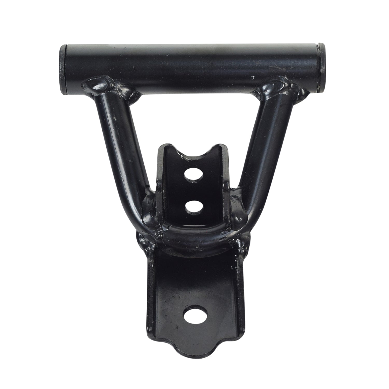 Front Lower Swing Arm for the Coleman KT196 196cc 6.5 Hp Go-Kart, a black metal object with multiple holes, designed for use on either the left or right side.