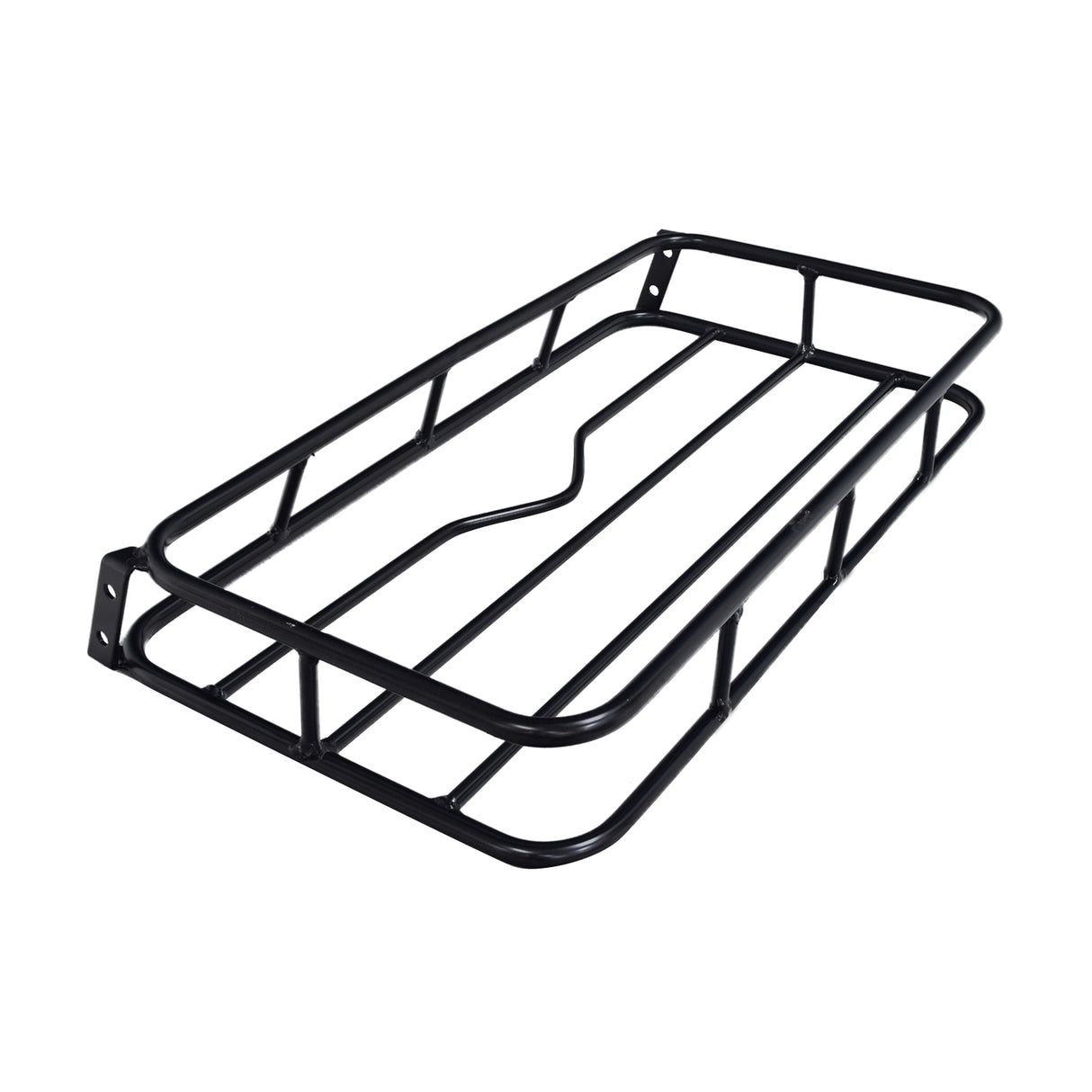 Rear Cargo Rack for the Realtree RTK200 Go-Kart, featuring a black metal frame with curved edges and lines, providing ample space for securing essentials. Measures 25 long, 13-1/2 wide, and 3-3/4 high.