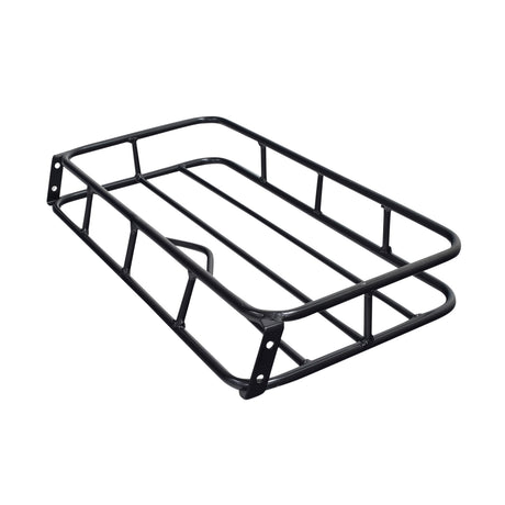 Rear Cargo Rack for the Coleman KT196 Go-Kart, a sturdy black metal frame with multiple holes, ideal for securing essentials like coolers or tarps.