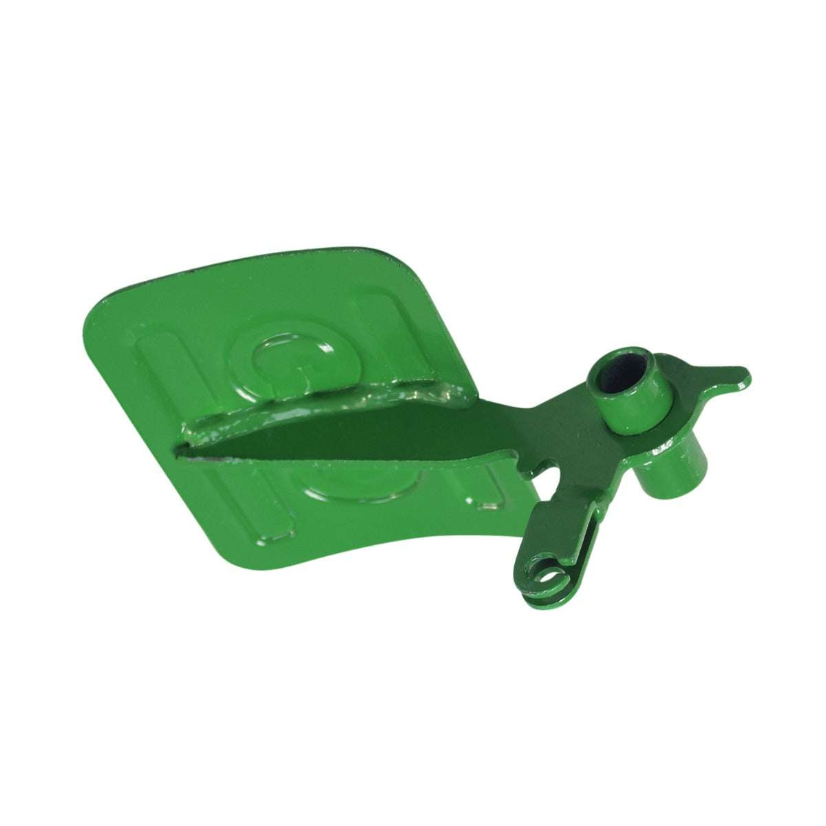 Green Accelerator Pedal for Coleman CK100 & SK100 Go-Karts: A green metal pedal, featuring a hole, designed for go-kart acceleration, made of durable steel with a bright green enamel finish.