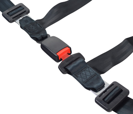 Close-up of the Seat Belt for the Coleman SK100 Go-Kart showing the strap and metal buckle, highlighting its essential safety feature.