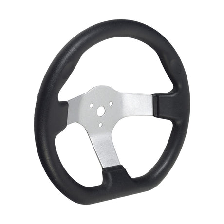 Steering Wheel for Coleman CK100 & SK100 Go-Karts: Close-up of a black and silver steering wheel, showcasing its sturdy design and grip, essential for safe and responsive go-kart control.