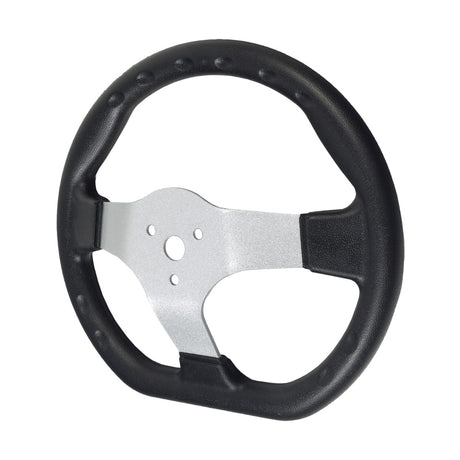 Steering Wheel for Coleman CK100 & SK100 Go-Karts, featuring a robust design with a black and silver finish, providing optimal grip for safe and efficient handling.