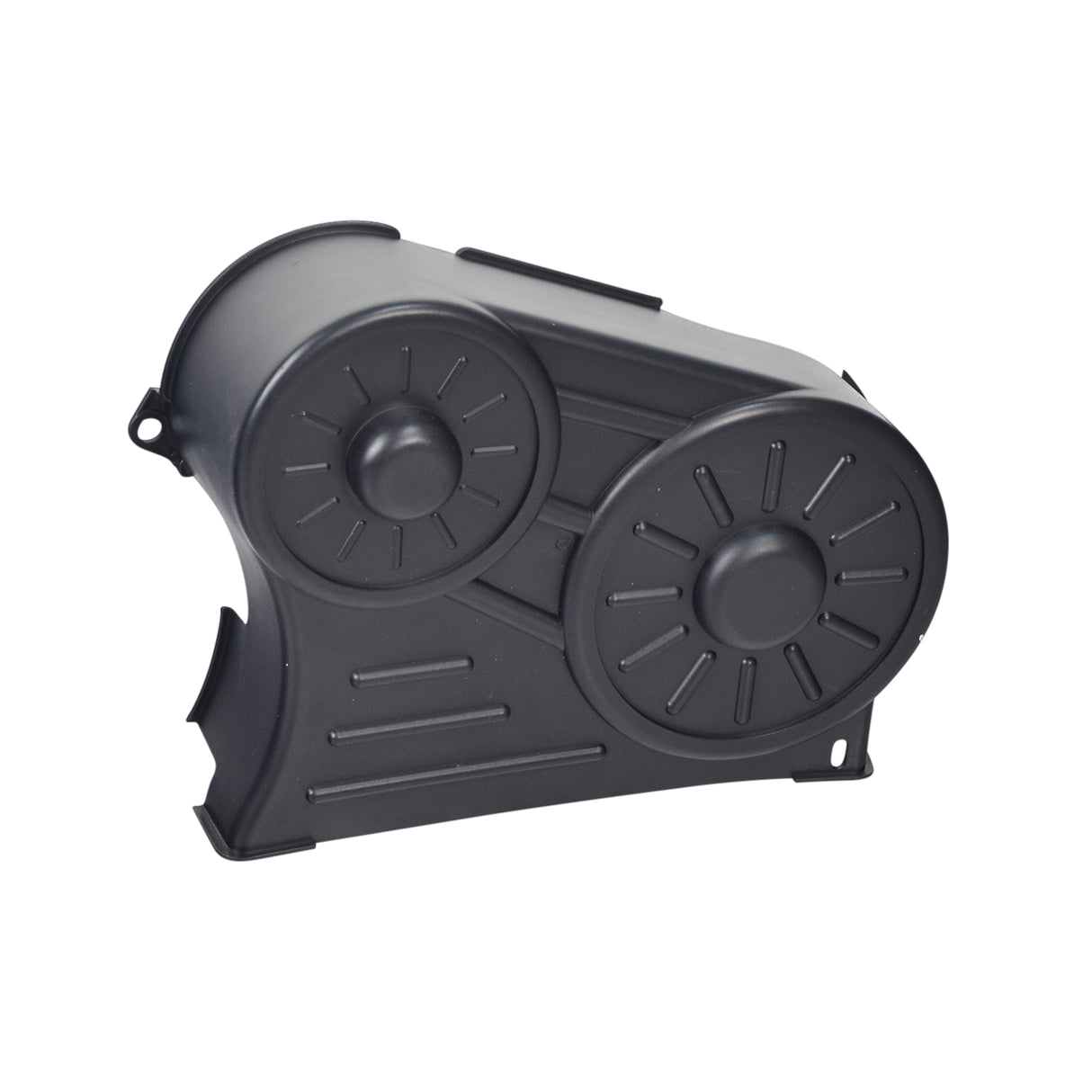 Faux Engine Cover for Coleman CK100 & SK100 Go-Karts, featuring black plastic with circular discs, designed to protect the electric motor and sprockets while enhancing the go-kart’s appearance.