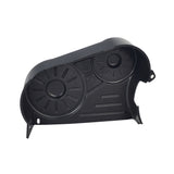 Faux Engine Cover for Coleman CK100 & SK100 Go-Karts: A black plastic object with two circular holes designed to protect the electric motor and sprockets, mounted above and behind the rear left wheel.