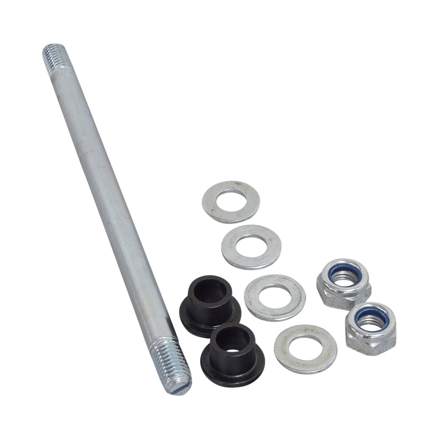 Rear Axle & Hardware for the Razor MX500 & MX650, featuring an 8 metal rod with black and silver nuts, spacers, and washers, essential for securing the axle and wheel to the bike.