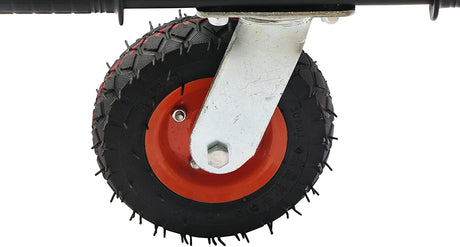 Deluxe Hoverboard Go-Kart Attachment Kit with Large Front Wheel & Suspension (Blemished), showcasing a metal bracket, rubber tire, and bolt, attached to a go-kart frame.