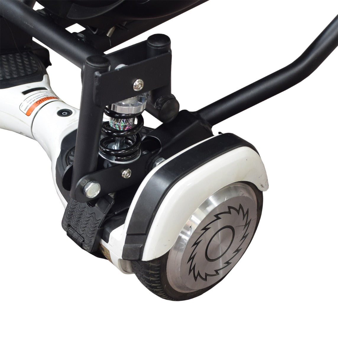 Deluxe Hoverboard Go-Kart Attachment Kit with Large Front Wheel & Suspension, showing a close-up of the front caster wheel and rubber tire, part of the adjustable go-kart frame.