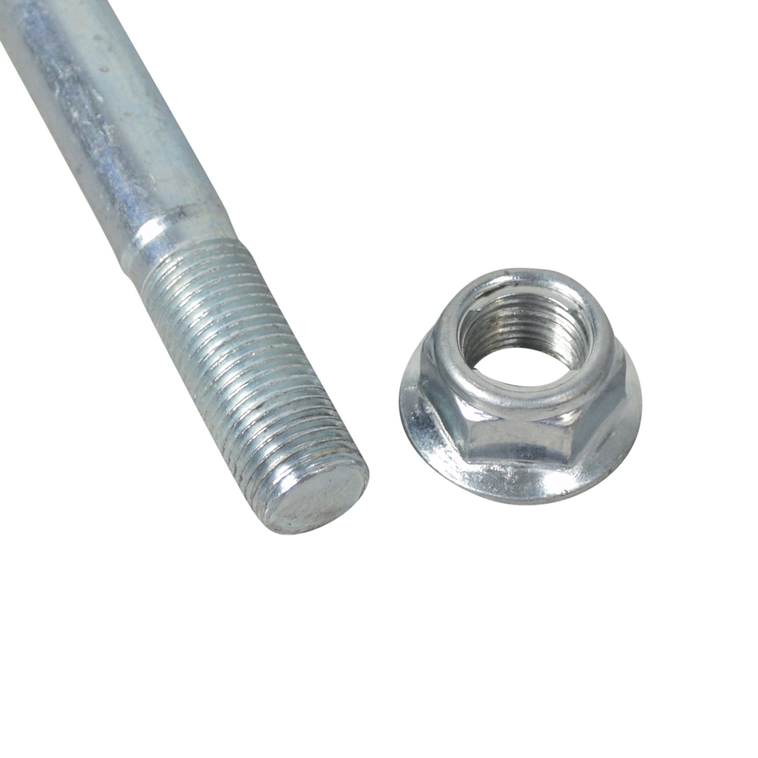 Front Axle for the Coleman CC100X Mini Bike, featuring a close-up of a strong steel threaded rod, bolt, and nut designed to secure the front wheel assembly to the fork.