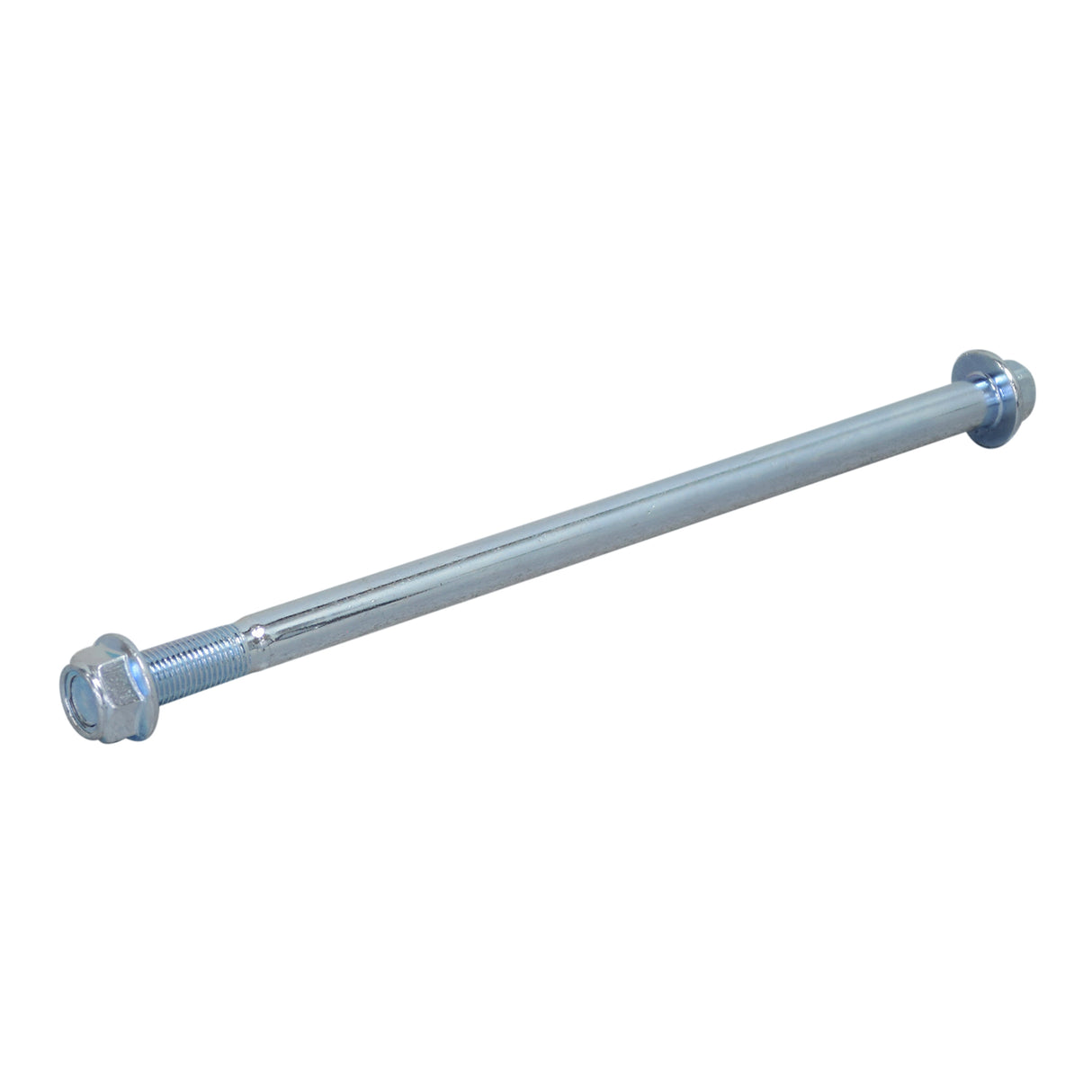 Rear Axle for the Coleman CC100X Mini Bike: A long metal rod with a nut, zinc-finished, measuring 9.44 inches in length, designed as a replacement part for the mini bike.