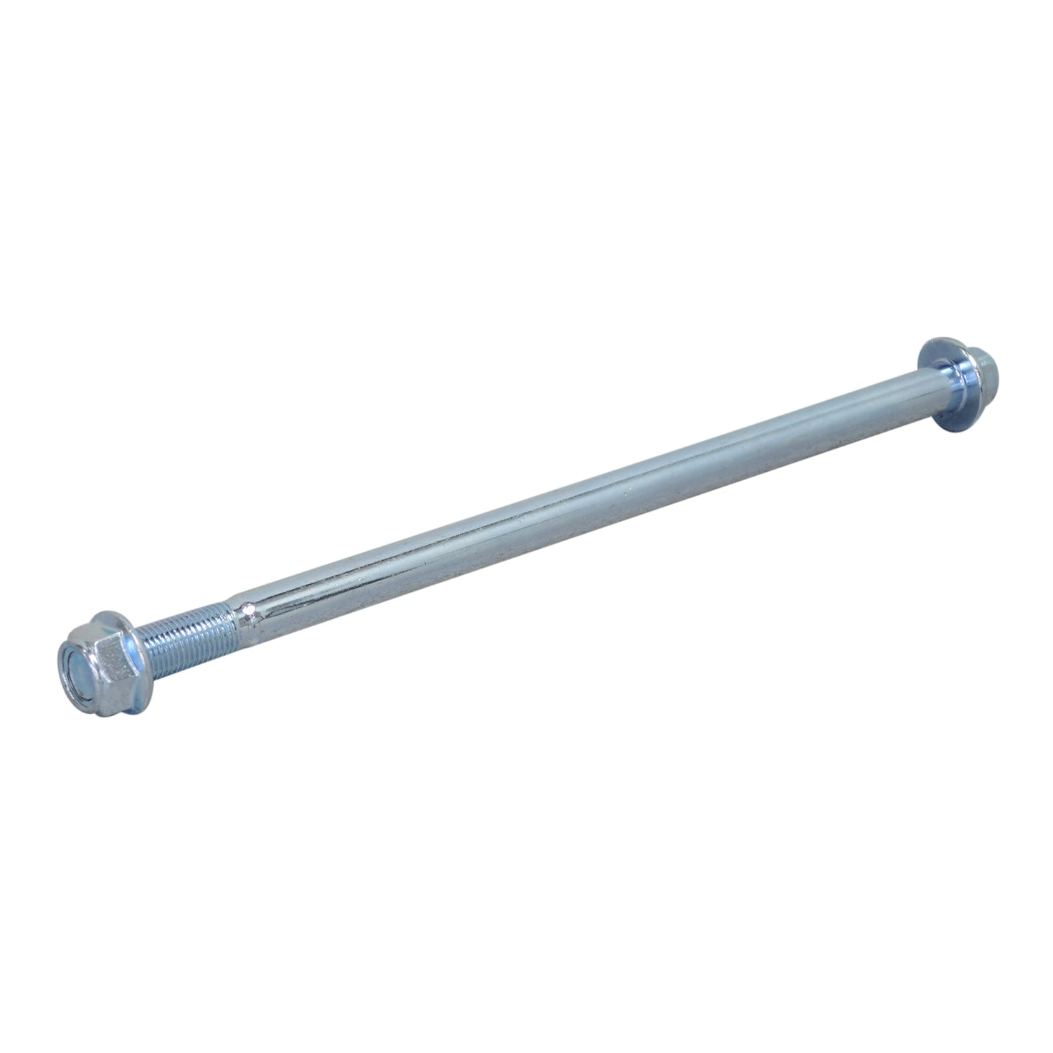 Axle for the Massimo MM-MB100 Mini Bike, shown as a long metal rod with a nut, close-up of the bolt and screw details, made of durable steel with a zinc finish.