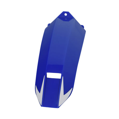 Front Fender for the Razor MX125 Dirt Rocket Dirt Bike, featuring a sleek design with white text, white edges, and a distinctive white circle on the blue surface. Ideal for cosmetic rejuvenation.