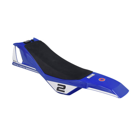 Seat & Rear Fender Assembly with Switch & Charging Port for the Razor MX125 Dirt Rocket Dirt Bike, featuring a black seat and blue rear fender with visible charging port and wiring.