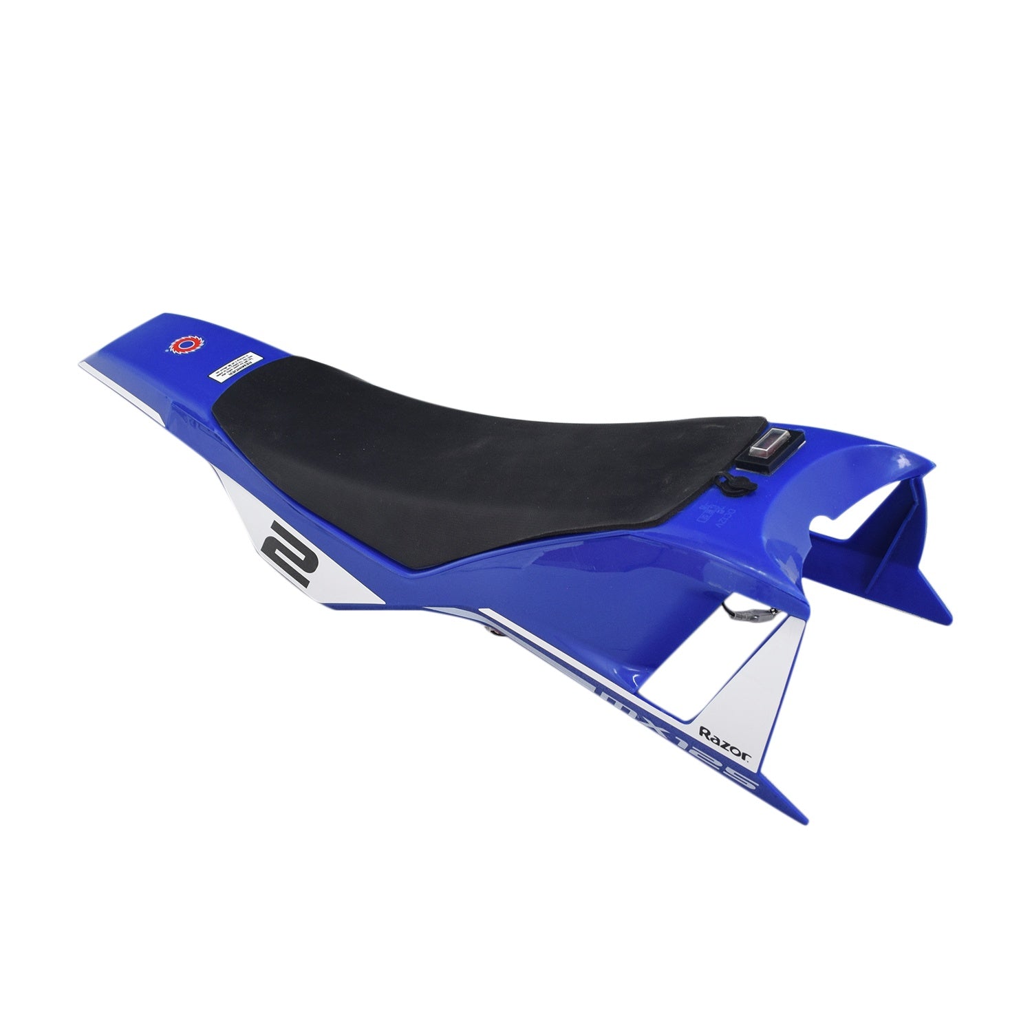 Seat & Rear Fender Assembly with Switch & Charging Port for the Razor MX125 Dirt Rocket Dirt Bike, featuring a black rubber seat, blue plastic rear fender, On/Off switch, and charging port.