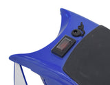 Seat & Rear Fender Assembly with Switch & Charging Port for the Razor MX125 Dirt Rocket Dirt Bike, featuring a close-up of the On/Off switch and charging port on a blue and black device.