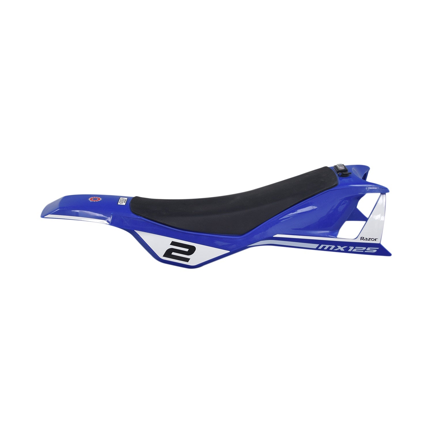 Seat & Rear Fender Assembly with Switch & Charging Port for the Razor MX125 Dirt Rocket Dirt Bike, featuring a blue plastic rear fender, black rubber seat, On/Off switch, and battery charger port.