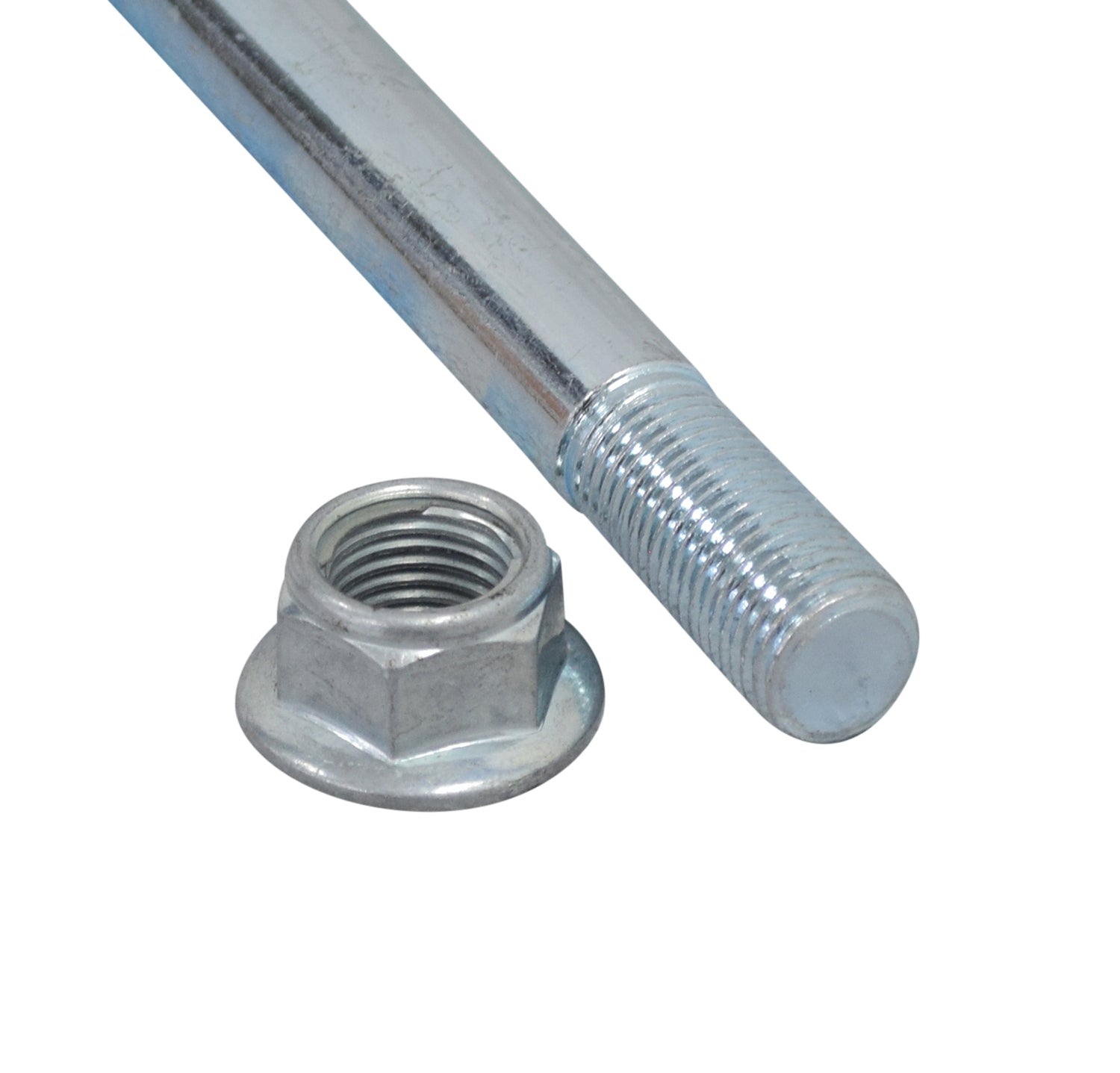 Rear Axle & Lock Nut for Coleman CT200U Trail & CT200U-EX Mini Bikes: A close-up of a steel bolt and nut, showcasing a 9/16 diameter rod with M14x1.5 thread and hex head.