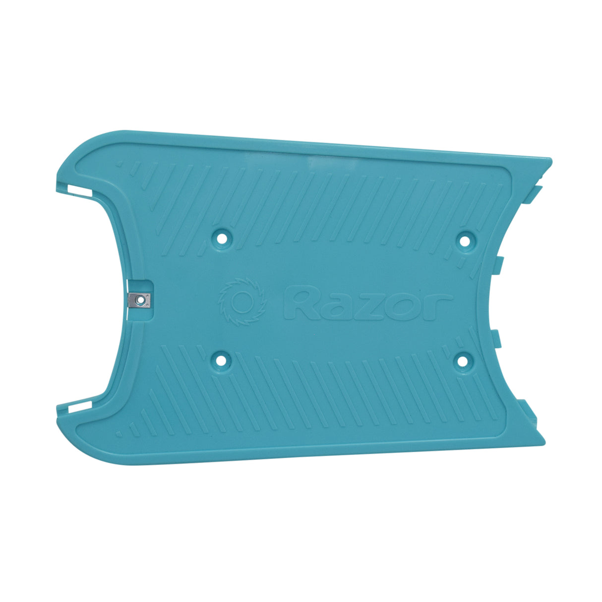 Base Fairing for the Razor Pocket Mod Petite, a turquoise blue plastic body panel with a central hole, designed to connect the front cover plate to the rear cover on the Petite scooter model.