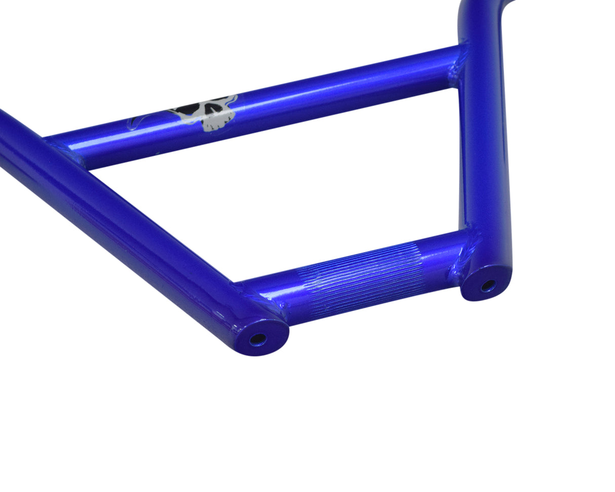 Handlebar for the Mongoose 12 Inch Expo Freestyle Scooter, featuring a blue metal frame with a skull sticker on the handle.