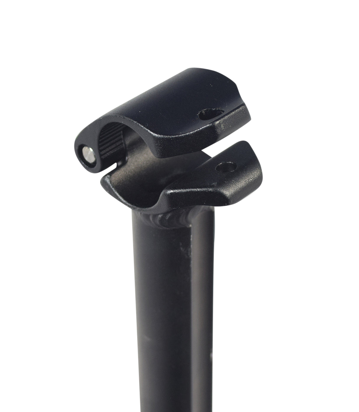 Upper Handlebar Post for the Swagtron EB5 Pro Folding Electric Bike, a black metal object with a clip and screw, designed to securely connect the handlebar to the bike's frame.