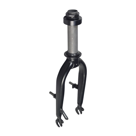 Fork for the Swagtron EB5 Pro Electric Bicycle, showcasing a black and silver bicycle frame and fork, highlighting the cylindrical metal structure and handle details, without the axle, head bearings, stem bolt, and wedge.