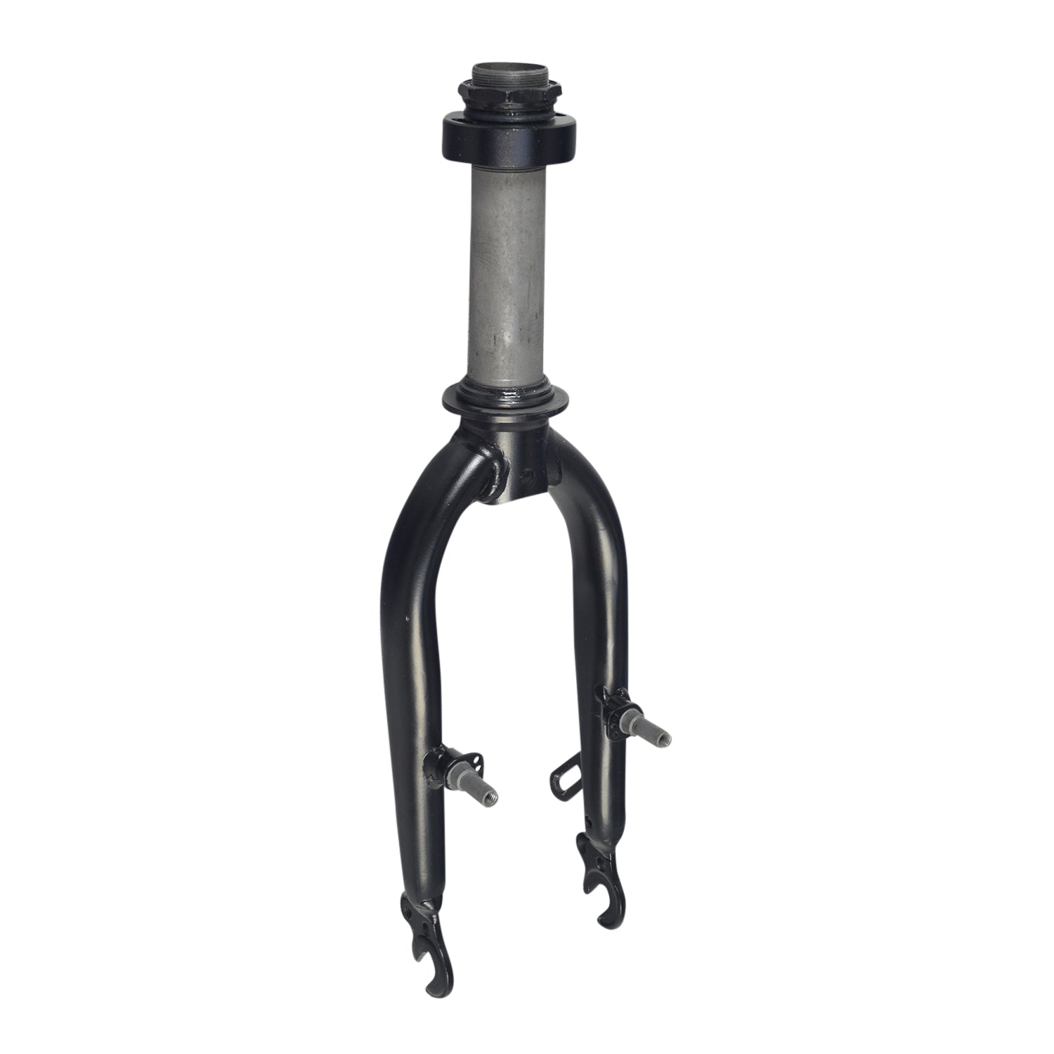 Fork for the Swagtron EB5 Pro Electric Bicycle, featuring a sturdy black and grey metal design, essential for front-end support. Note: axle, head bearings, stem bolt, and wedge not included.