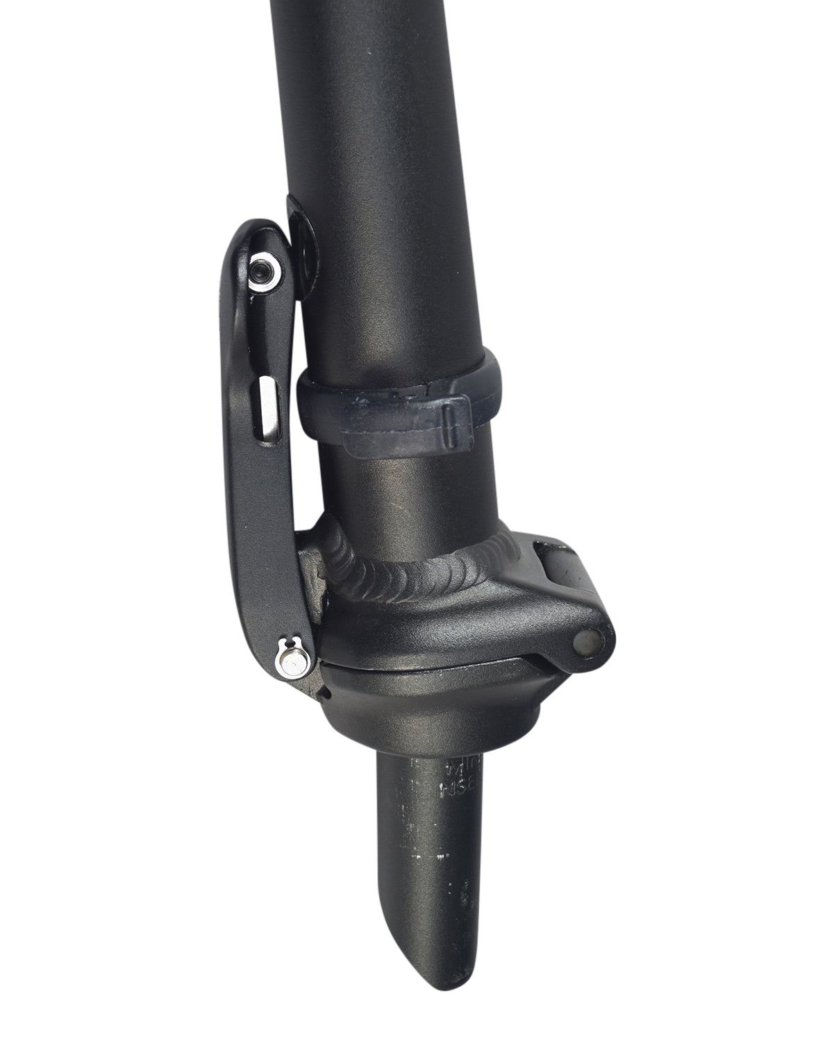 Lower Handlebar Post for the Swagtron EB5 Pro Electric Bicycle, featuring a black metal pole with a clip and handle, including a fold mechanism hinge and clamp for height adjustment.