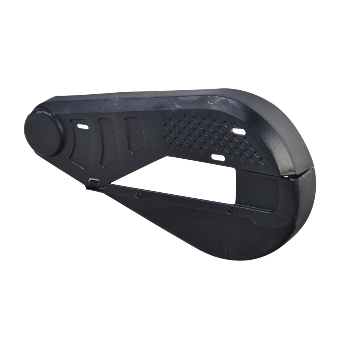 Chain Cover for the Viro Rides VR 550E Scooter, black plastic with a round handle, designed to shield the scooter's running gear from dirt and debris, ensuring smooth operation and rider safety.