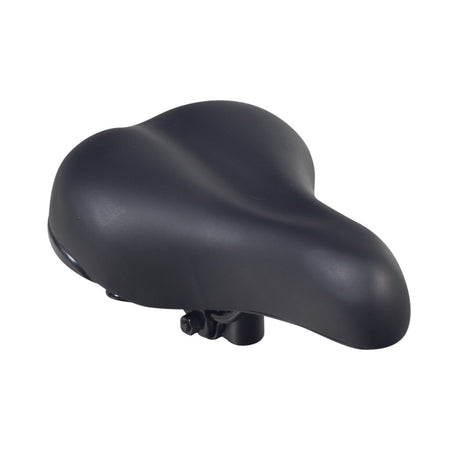 Seat for the Jetson® Bolt Folding Electric Bicycle: a black, padded vinyl cruiser-style seat with coil springs and a wide comfort shape, displayed on a white background.