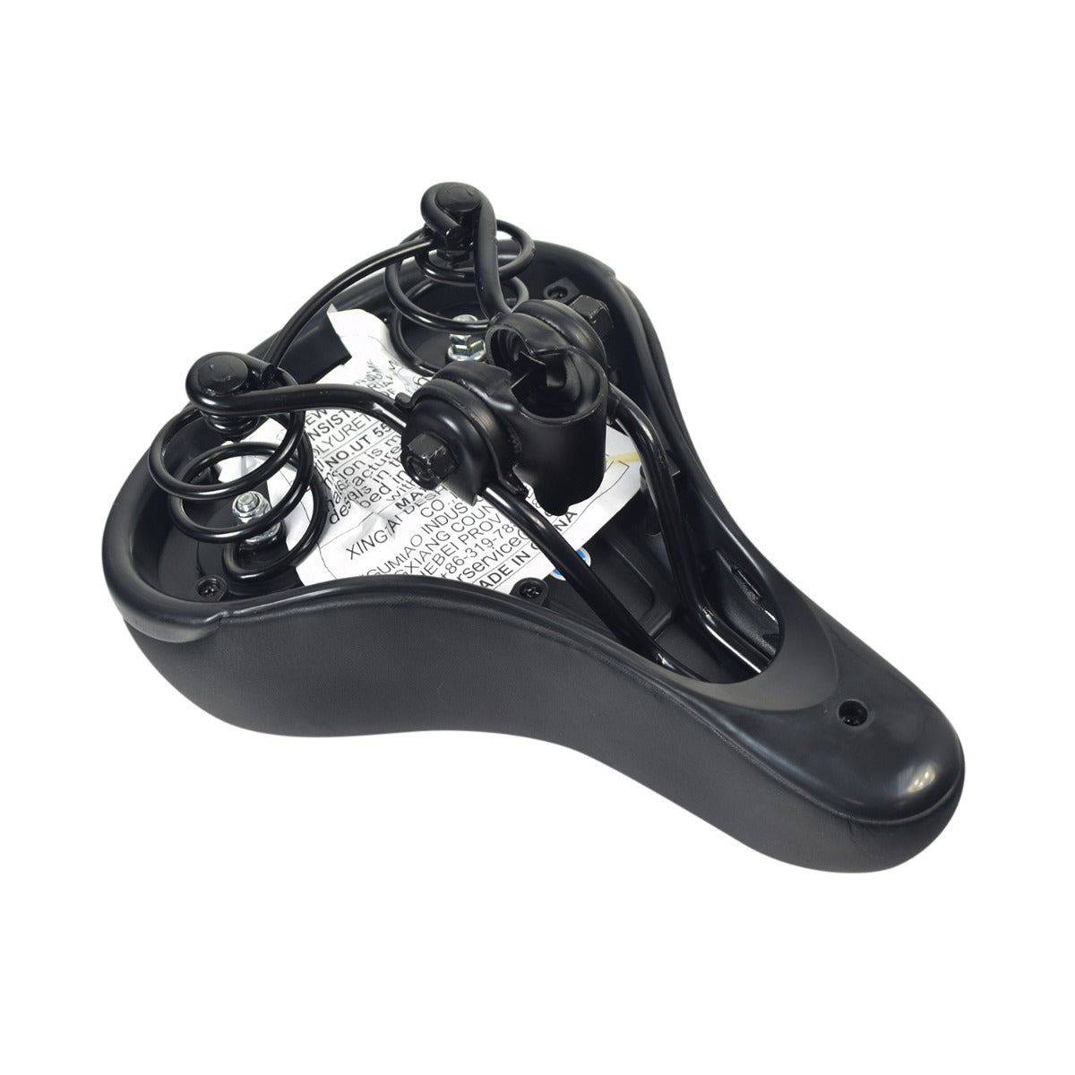 10 x 7 Saddle Seat for Electric Bicycles, featuring padded black vinyl, coil springs, and a wide comfort shape with shallow anatomical relief, visible wires attached underneath for installation.