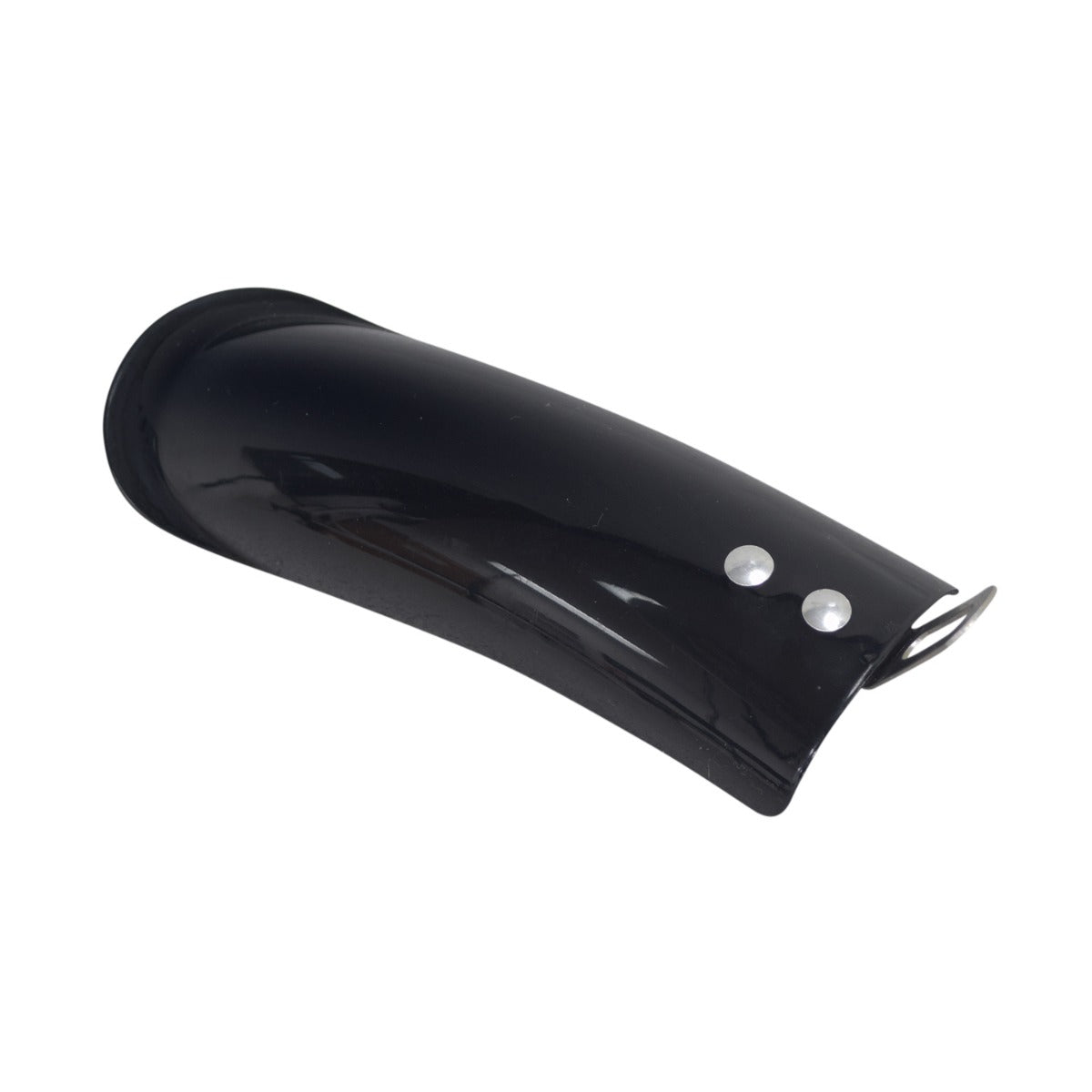 Front Fender for the Jetson® Bolt Folding Electric Bicycle, a glossy black plastic fender with silver buttons, designed to prevent mud splash from the front tire.