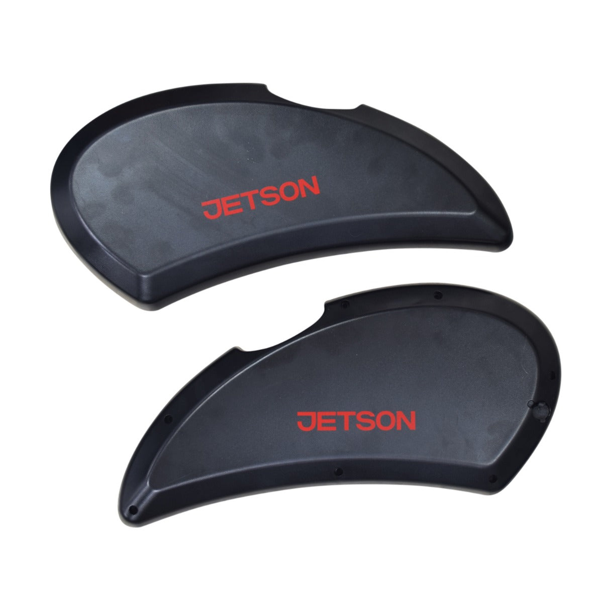 Battery Cover Set for the Jetson Bolt Folding Electric Bicycle (Left & Right) featuring two black plastic panels with red text, designed to form the e-bike's battery box with a charging port aperture.