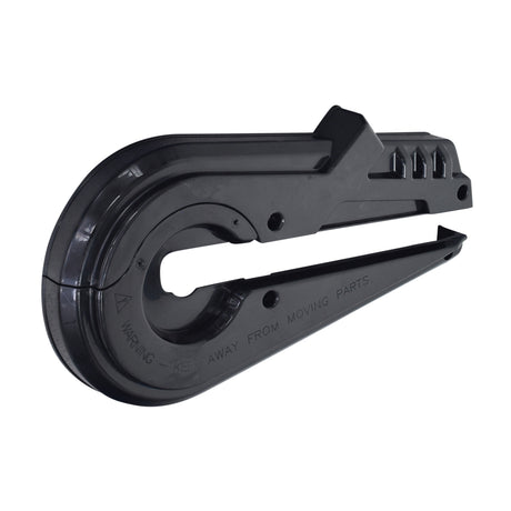 Black plastic replacement chain guard for the Hyper HPR 350 Electric Motorcycle, featuring a hole for easy attachment. Designed to protect the chain from dirt and debris, preventing drive system issues.