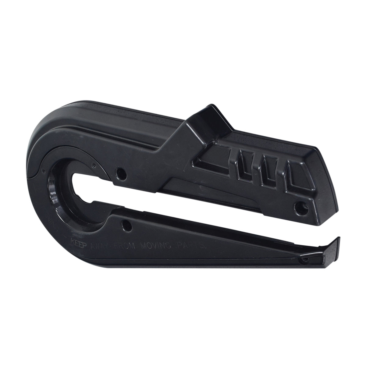 Chain Guard for the Hyper HPR 350 Electric Motorcycle: A black plastic tool with a central hole designed to protect the chain and keep dirt and debris out of the drive system.