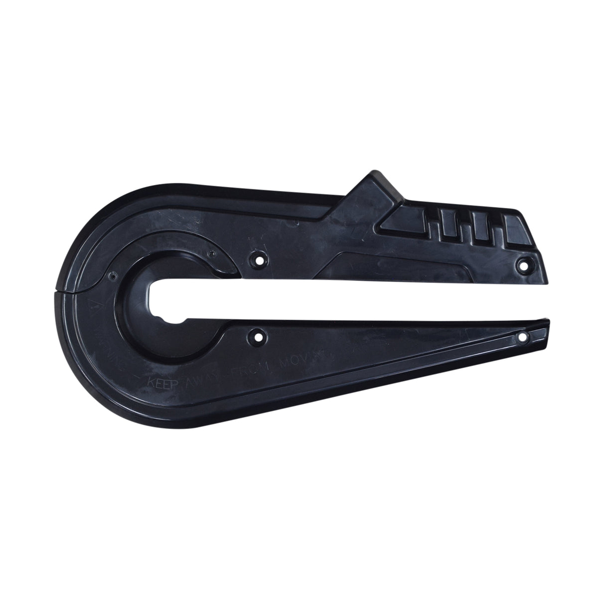 Black plastic chain guard with a hole, designed for the Hyper HPR 350 Electric Motorcycle, essential for keeping dirt and debris away from the chain and drive system.