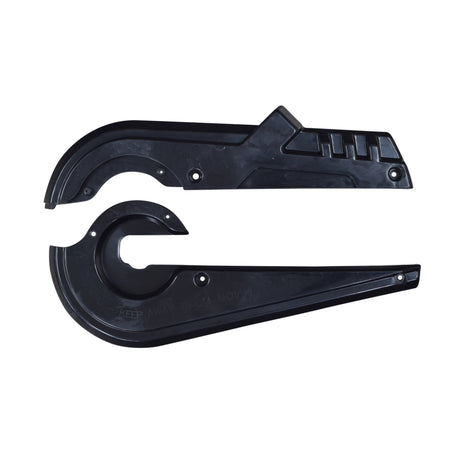 Black plastic Chain Guard for the Hyper HPR 350 Electric Motorcycle, featuring a round hole and designed to protect the chain from dirt and debris.