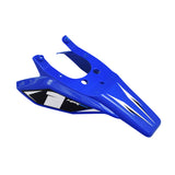 Seat Panels for the Hyper HPR 350 Electric Motorcycle (2-Piece), featuring a long rear section and a shorter front piece, with visible holes and white text on a blue plastic surface.