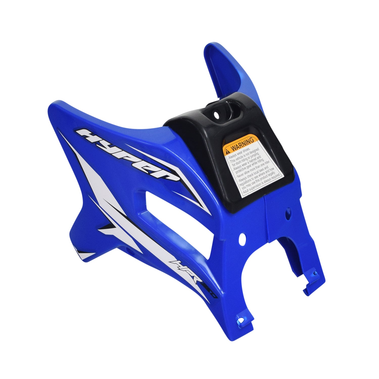 Seat Panels for the Hyper HPR 350 Electric Motorcycle (2-Piece), featuring a long rear section and a shorter front piece, shown with a warning label and logo on the blue plastic surface.