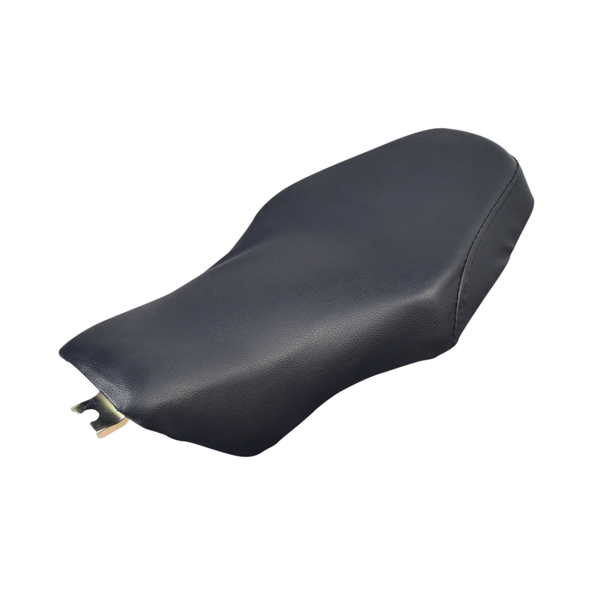 Seat Assembly for the Pulse ATV Quad Ride-On, featuring padded black vinyl upholstery on a black plastic frame, secured by a metal bracket at the front and a spring-lock lever at the rear.