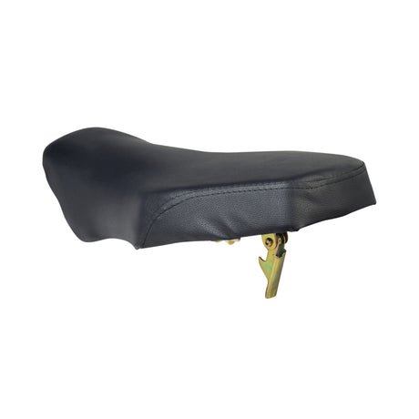 Seat Assembly for the Pulse ATV Quad Ride-On featuring padded black vinyl upholstery, black plastic frame, metal front bracket, and rear spring-lock lever.