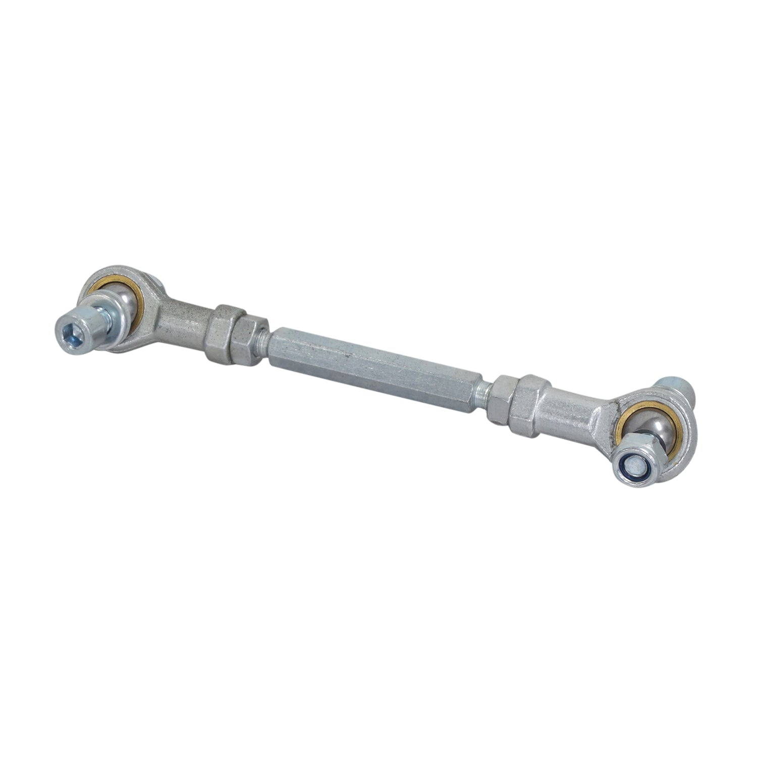 Tie Rod Ends with Ball Joints for the Pulse ATV Quad Ride-On, featuring a metal rod with attached ball joints, bolts, and nuts. Essential for go-kart steering, offered as a single assembly.