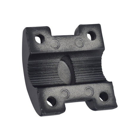 Upper Handlebar Clamp for the Pulse ATV Quad Ride-On, a black plastic object with holes, designed to secure handlebars with included Allen head bolts and locknuts.